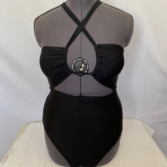 One Pc Black Faux Bikini Swim Bathing Suit - Picture 1 of 8